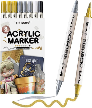 TRANSON 3 Gold, 3 Silver, 1 Black and 1 White Paint Markers Brush and Bold Dual-tip Acrylic Paint Marker Set