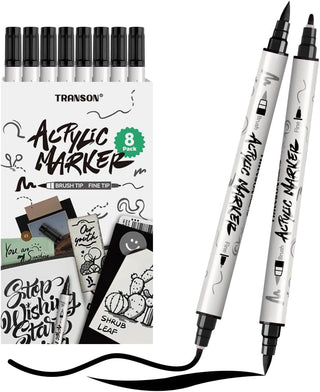 TRANSON 8 Pack Black Brush and Fine Dual-tip Acrylic Paint Pen