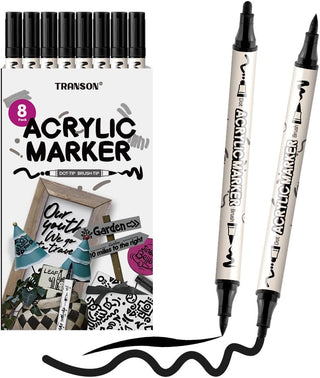 TRANSON 8 Pack Black Brush and Bold Dual-tip Acrylic Paint Pen