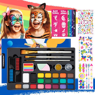 Transon Face Painting Kit for Kids Adults Water-base Non-toxic 20 Colors with Brushes Stencils Glitters Stickers Instruction