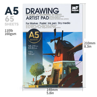TRANSON Artist Mix Media Sketchbook Marker Pad, 5.8”x8.3” 65 Sheets A5 Art Papers, 110lb/160gsm