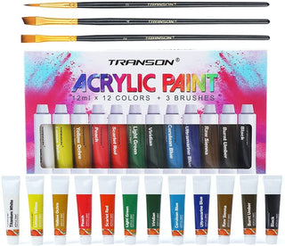 Transon Acrylic Paint Set 12-Color with 3 Paint Brushes for Craft Canvas Rock Art Painting Acrylic Paint TRANSON 