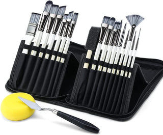 Transon Art Paint Brush Kit 16 Paint Brushes with Foam Brush Sponge Spatula and Brush Case for Oil, Acrylic, Watercolor, Gouache, Painting Paintbrush TRANSON