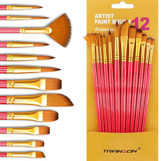 Transon Art Painting Brush Assorted Set of 12 Pink for Acrylic Watercolor Gouache Oil Painting TRANSON