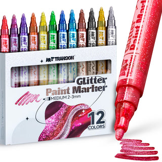 TRANSON Medium Tip Glitter Paint Markers 12 Colors for DIY Coloring with Sparkling Effects