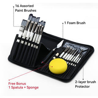 Art Paint Brush Kit 16 Paint Brushes with Foam Brush Sponge Spatula and Brush Case