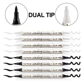 TRANSON 4 Black and 4 White Paint Pens Brush and Bold Dual-tip