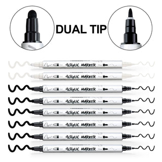 TRANSON Acrylic White Black Paint Marker 6 Black and 2 White Paint Pens Dual-tip