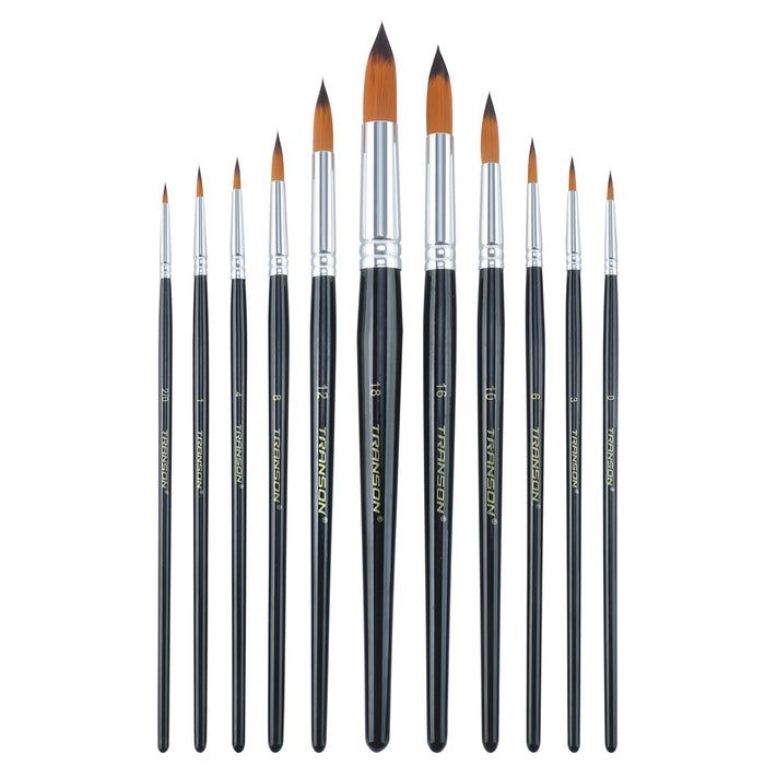 Transon 11pcs Round Paint Brush Basic Set Synthetic Bristle for Acrylic Watercolor Gouache and Oil Painting