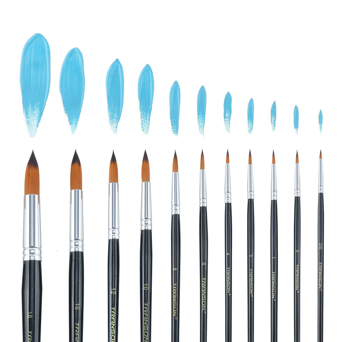 Transon 11pcs Round Paint Brush Basic Set Synthetic Bristle for Acrylic Watercolor Gouache and Oil Painting