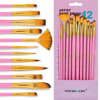 Transon Artist Paint Brush Set of 12 for Acrylic Watercolor Gouache Oil Craft Painting Pink