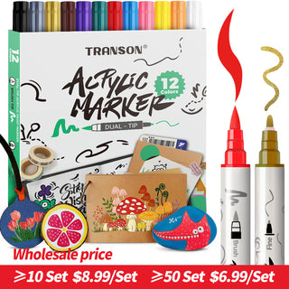 TRANSON 12 Colors Fine and Brush Dual-tip Acrylic Paint Marker Pen Set for Canvas Rock Wood Leather Ceramic DIY Painting