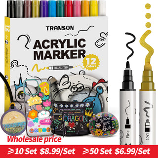 TRANSON 12 Color Bold and Fine Dual-tip Acrylic Paint Pen Set for Canvas Rock Wood Leather Ceramic DIY Painting