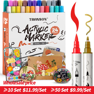 TRANSON 24 Colors Fine and Brush Dual-tip Acrylic Paint Marker Pen Set for Canvas Rock Wood Leather Ceramic DIY Painting