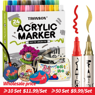 TRANSON 24 Colors Bold and Brush Dual-tip Acrylic Paint Marker Pen Set