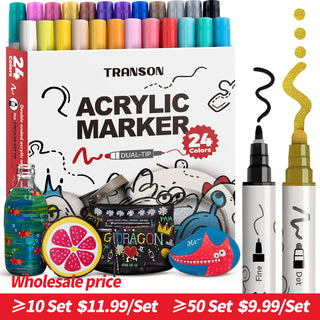 TRANSON 24 Color Bold and Fine Dual-tip Acrylic Paint Pen Set for Canvas Rock Wood Leather Ceramic DIY Painting