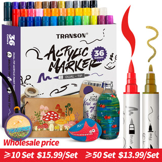 TRANSON 36 Colors Fine and Brush Dual-tip Acrylic Paint Marker Pen Set for Canvas Rock Wood Leather Ceramic DIY Painting