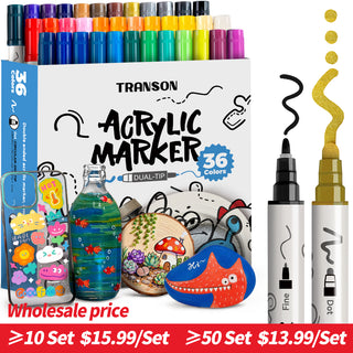 TRANSON 36 Color Bold and Fine Dual-tip Acrylic Paint Pen Set for Canvas Rock Wood Leather Ceramic DIY Painting