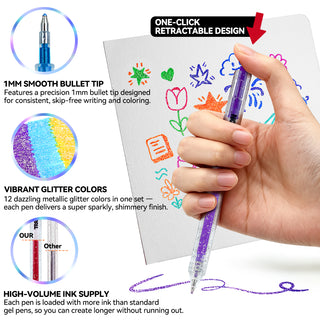 TRANSON Glitter Gel Pen 12 Colors Set for Sparkling Writing Journals Scrapbook DIY Projects and Art Creatives
