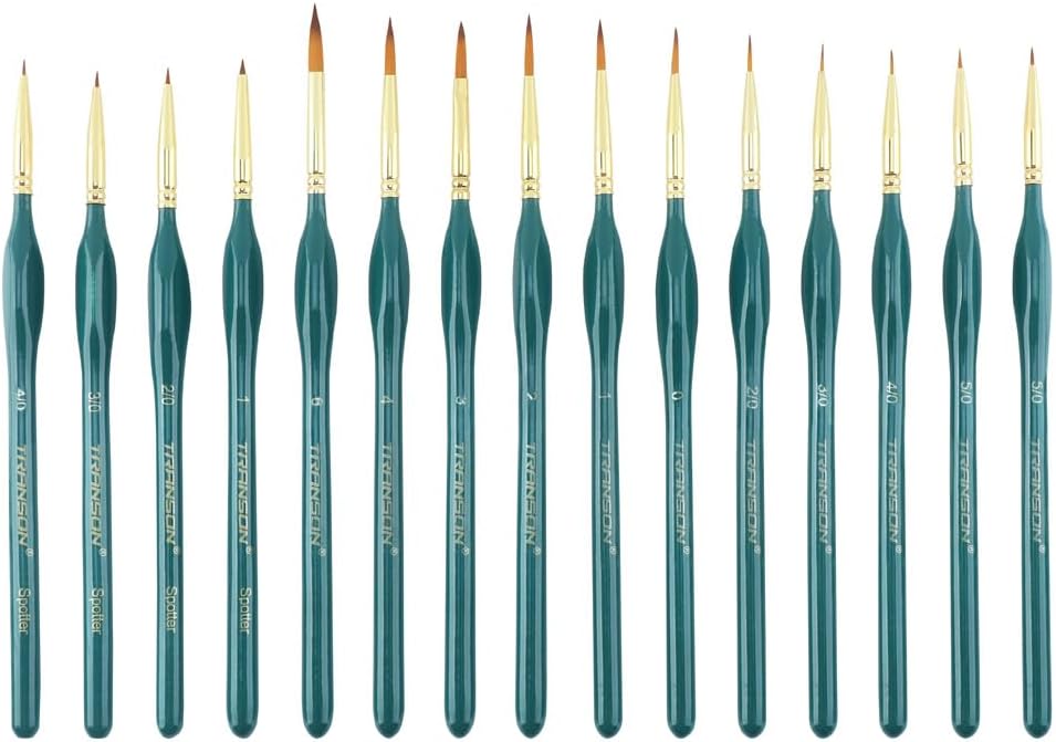 Transon 15-Piece Fine Detail Miniature Painting Brush Set for Acrylics, Watercolors, Crafts, Rocks & Face Painting