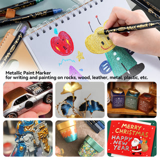 TRANSON 12Colors Metallic Paint Marker Set Brush and Fine Dual-tip