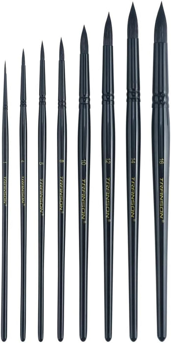 Transon 8pcs Round Watercolor Paint Brush Set Goat Hair for Watercolors,Acrylics,Inks,Gouache,Oil and Tempera Black Color