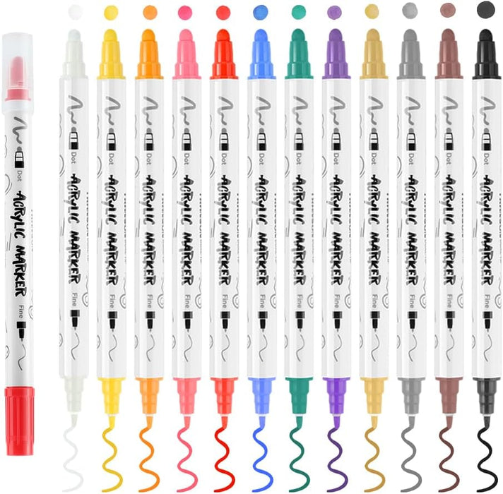 TRANSON 12 Color Dual-tip Acrylic Paint Pen Set for Canvas Rock Wood Leather Ceramic DIY Painting