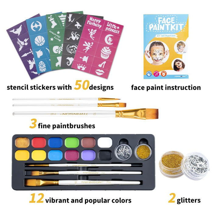 Transon 12colors Water-based Face Body Paint Kit with Brushes Stencils and Glitter