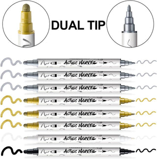 TRANSON 3 Gold, 3 Silver, 1 Black and 1 White Paint Markers Bold and Fine Dual-tip Acrylic Paint Marker Set