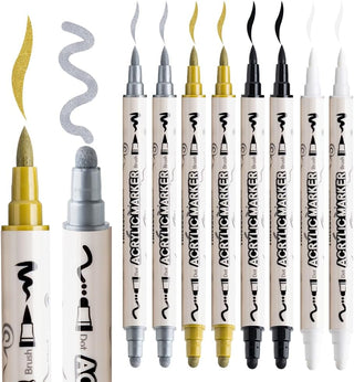 TRANSON 2 Gold, 2 Silver, 2 Black and 2 White Paint Markers Brush and Bold Dual-tip Acrylic Paint Marker Set