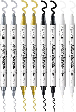TRANSON 2 Gold, 2 Silver, 2 Black and 2 White Paint Markers Bold and Fine Dual-tip Acrylic Paint Marker Set