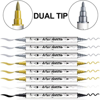 TRANSON 3 Gold, 3 Silver, 1 Black and 1 White Paint Markers Brush and Fine Dual-tip Acrylic Paint Marker Set