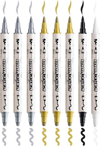 TRANSON 3 Gold, 3 Silver, 1 Black and 1 White Paint Markers Brush and Bold Dual-tip Acrylic Paint Marker Set
