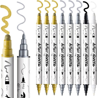TRANSON 3 Gold, 3 Silver, 1 Black and 1 White Paint Markers Bold and Fine Dual-tip Acrylic Paint Marker Set
