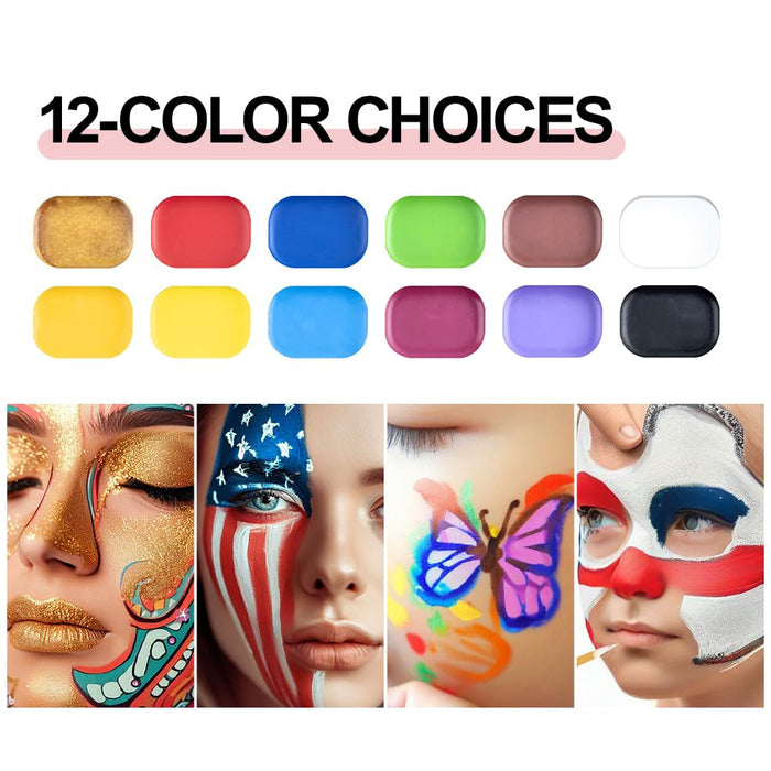 Transon 12colors Water-based Face Body Paint Kit with Brushes Stencils and Glitter