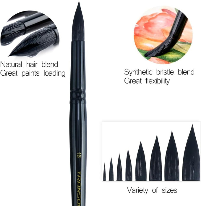 Transon 8pcs Round Watercolor Paint Brush Set Goat Hair for Watercolors,Acrylics,Inks,Gouache,Oil and Tempera Black Color