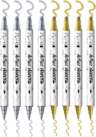 TRANSON 4 Silver and 4 Gold Paint Markers Bold and Fine Dual-tip Acrylic Paint Marker Set