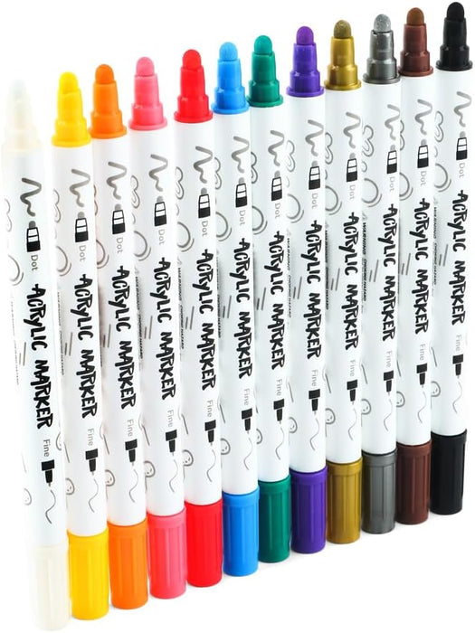 TRANSON 12 Color Dual-tip Acrylic Paint Pen Set for Canvas Rock Wood Leather Ceramic DIY Painting