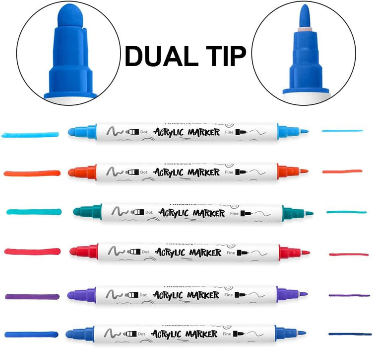 TRANSON 12 Color Dual-tip Acrylic Paint Pen Set for Canvas Rock Wood Leather Ceramic DIY Painting
