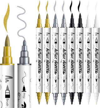 TRANSON 2 Gold, 2 Silver, 2 Black and 2 White Paint Markers Brush and Fine Dual-tip Acrylic Paint Marker Set