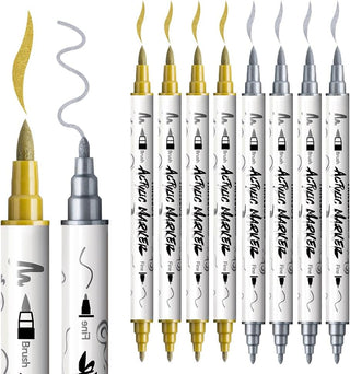 TRANSON 4 Gold and 4 Silver Paint Markers Brush and Fine Dual-tip Acrylic Paint Marker Set