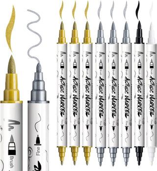 TRANSON 3 Gold, 3 Silver, 1 Black and 1 White Paint Markers Brush and Fine Dual-tip Acrylic Paint Marker Set