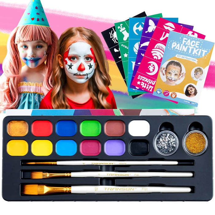 Transon 12colors Water-based Face Body Paint Kit with Brushes Stencils and Glitter