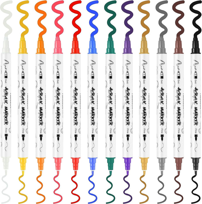 TRANSON 12 Color Dual-tip Acrylic Paint Pen Set for Canvas Rock Wood Leather Ceramic DIY Painting