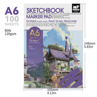 TRANSON 3 Pack A6 Mini Sketchbook Marker Pad, 80lb/120gsm Heavyweight Art Paper, No Bleed Through, 100 Sheets/200 Pages 4.13"x5.83" for Drawing & Sketching
