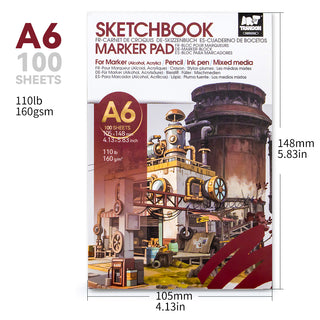 TRANSON 2 Pack A6 Mini Sketchbook Marker Pad, 110lb/160gsm Heavyweight Art Paper, No Bleed Through, 100 Sheets/200 Pages 4.13"x5.83" for Drawing & Sketching