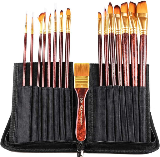 Transon 16pcs Professional Long Artist Paint Brush Set with Brush Case Assorted for Acrylic Watercolor Gouache Oil Tempera and Body Painting Paintbrush TRANSON 