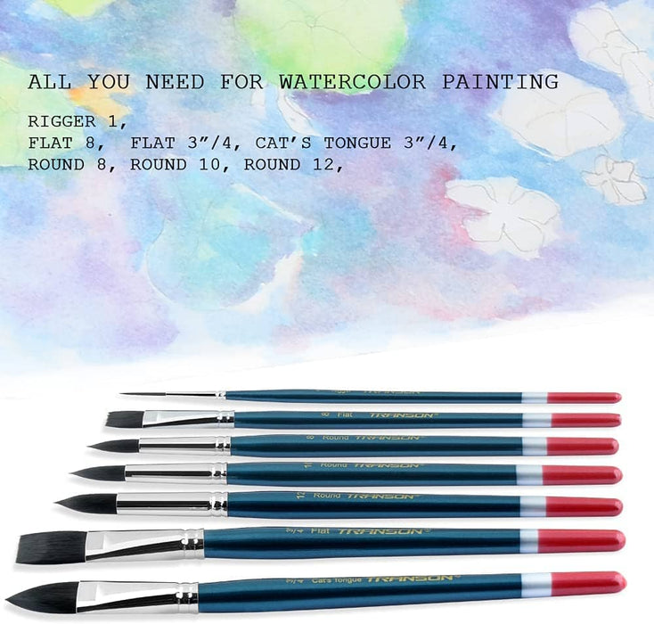 Transon 7pcs Natural Watercolor Paint Brush Set Professional for Watercolor Acrylic Ink Gouache Tempera Paintbrush TRANSON 