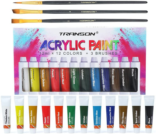 Transon Acrylic Paint Set 12-Color with 3 Paint Brushes for Craft Canvas Rock Art Painting Acrylic Paint TRANSON 