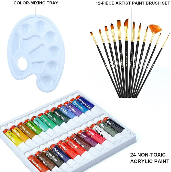 Acrylic Paint Set With 12 Brushes, 24 Colors Art Craft Paints
